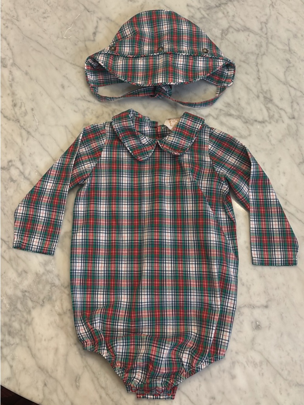 Plaid Bubble Romper with Matching Bonnet - Red/Green/White